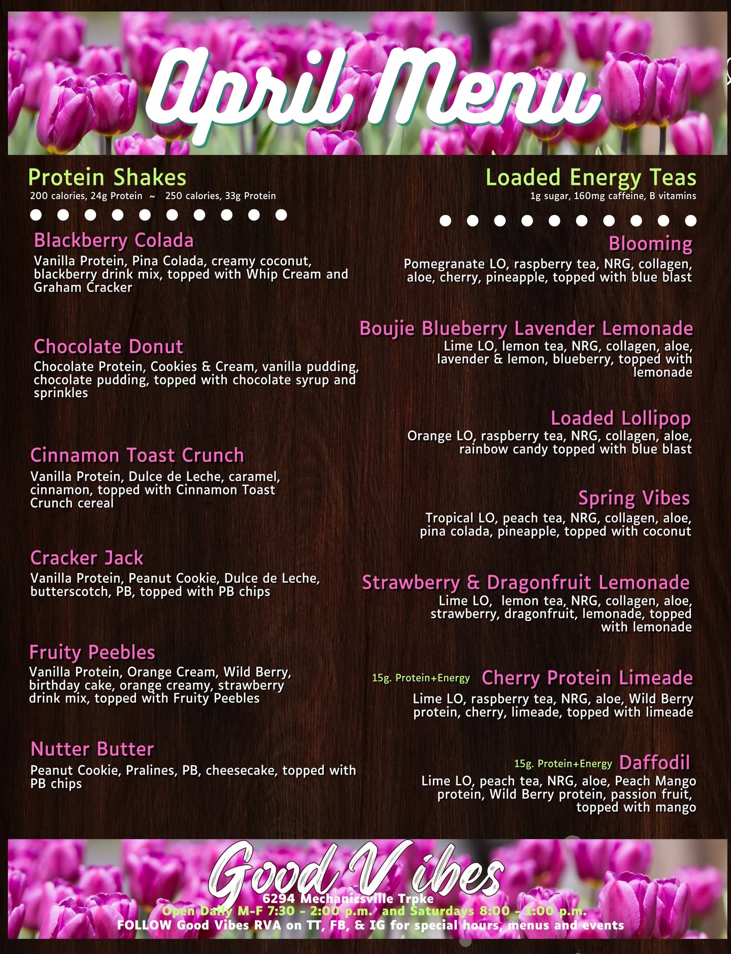 Good Vibes RVA April loaded tea menu in Mechanicsville, VA