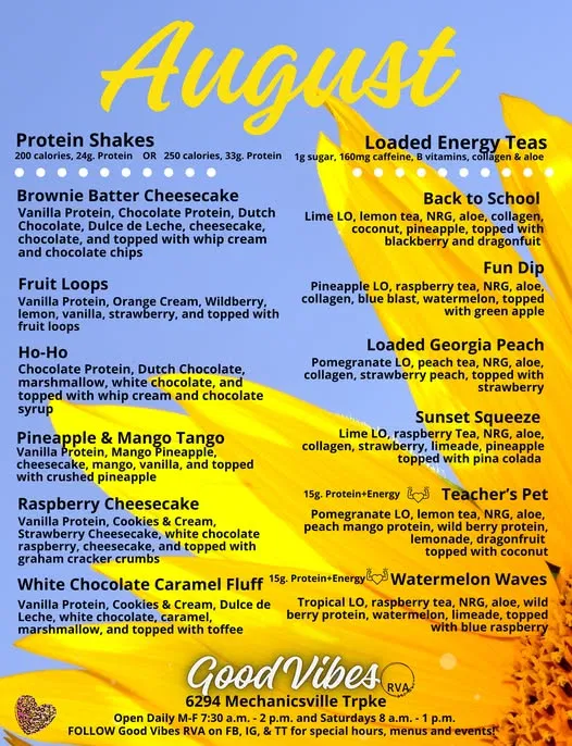 Good Vibes RVA August loaded tea menu in Mechanicsville, VA