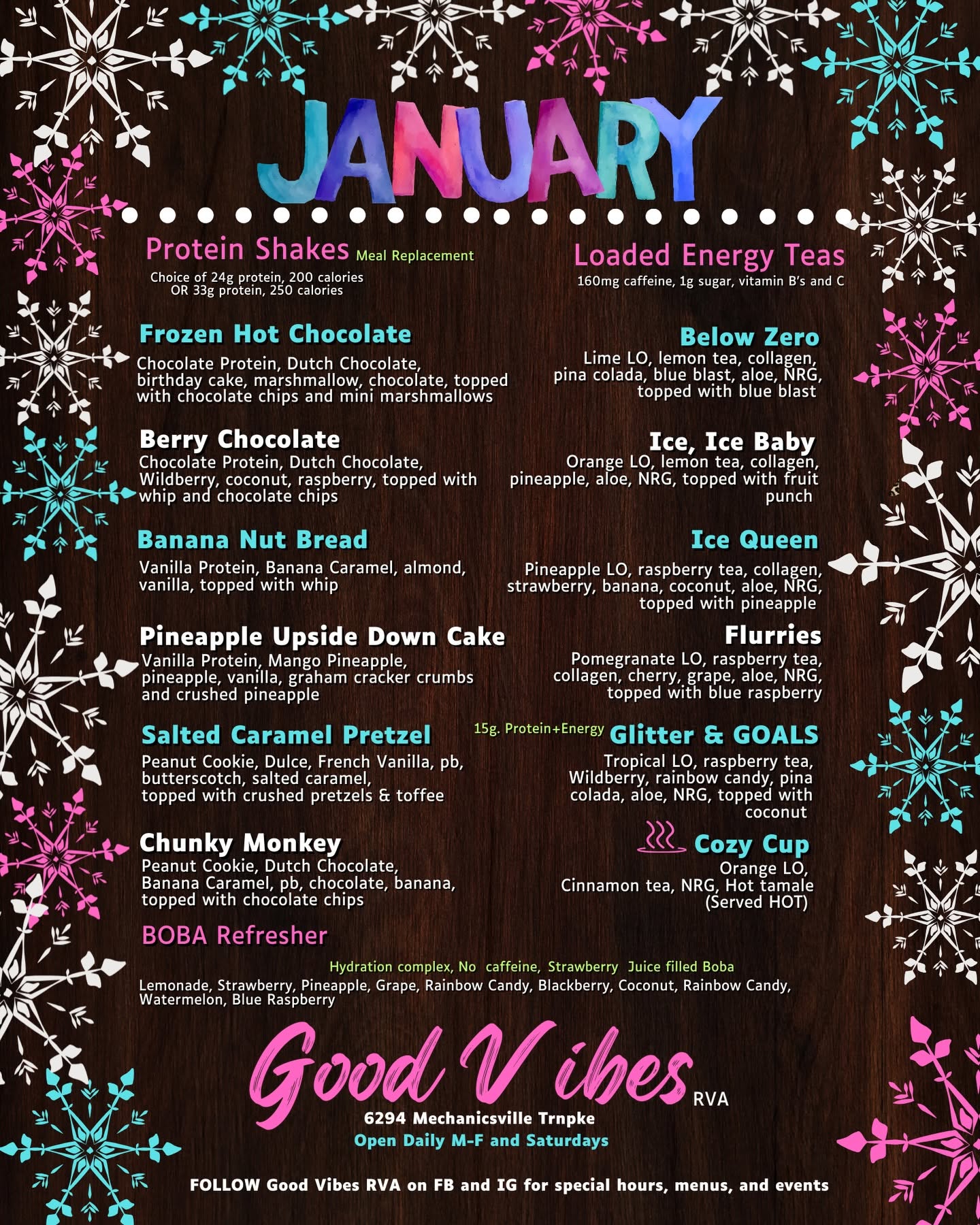 Good Vibes RVA January loaded tea menu in Mechanicsville, VA