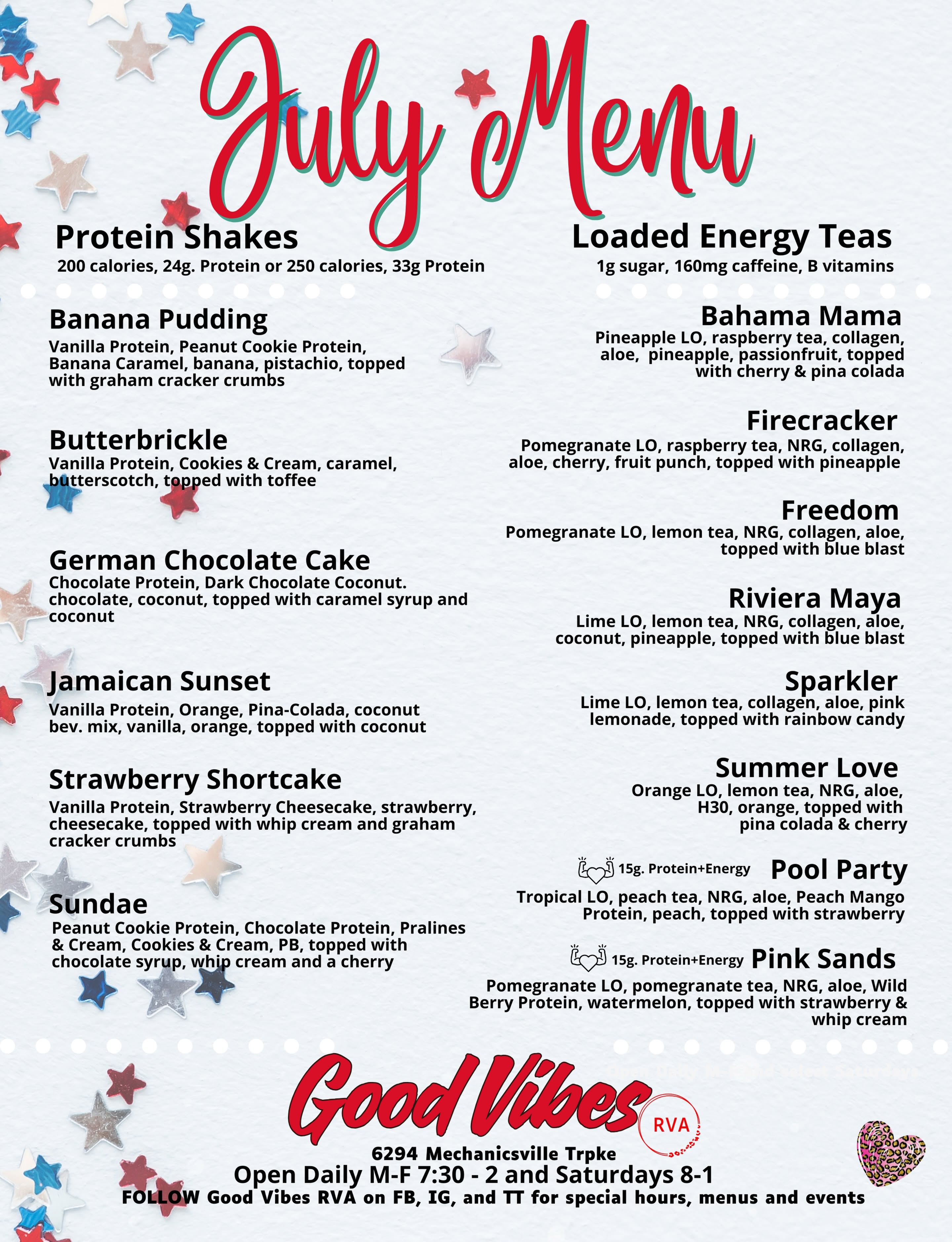 Good Vibes RVA July loaded tea menu — signature loaded teas, energy teas and protein shakes in Mechanicsville, VA