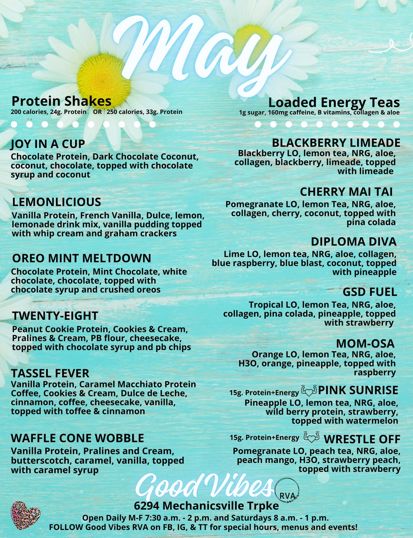 Good Vibes RVA May loaded tea menu in Mechanicsville, VA