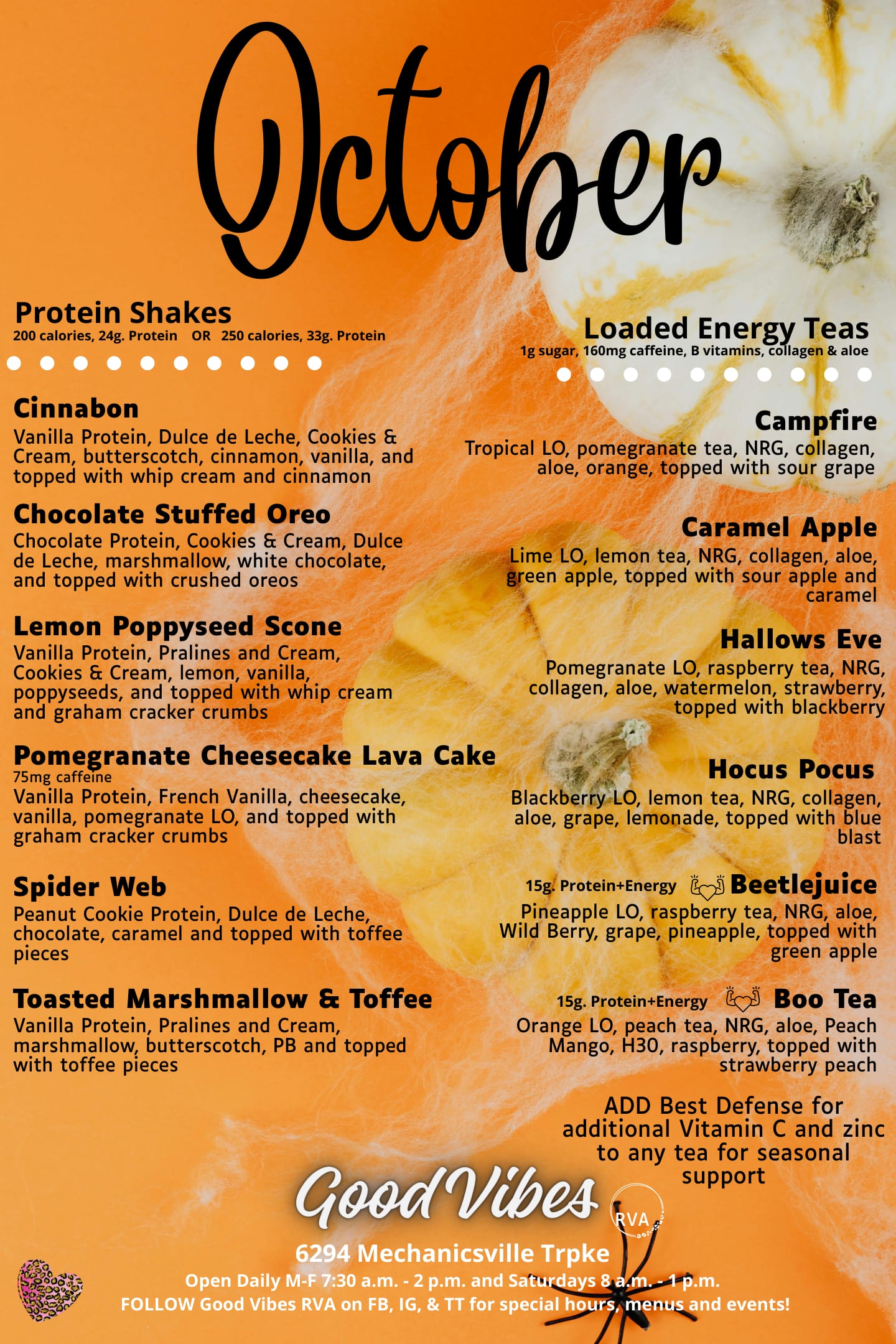 Good Vibes RVA October loaded tea menu — signature loaded teas, energy teas and protein shakes in Mechanicsville, VA