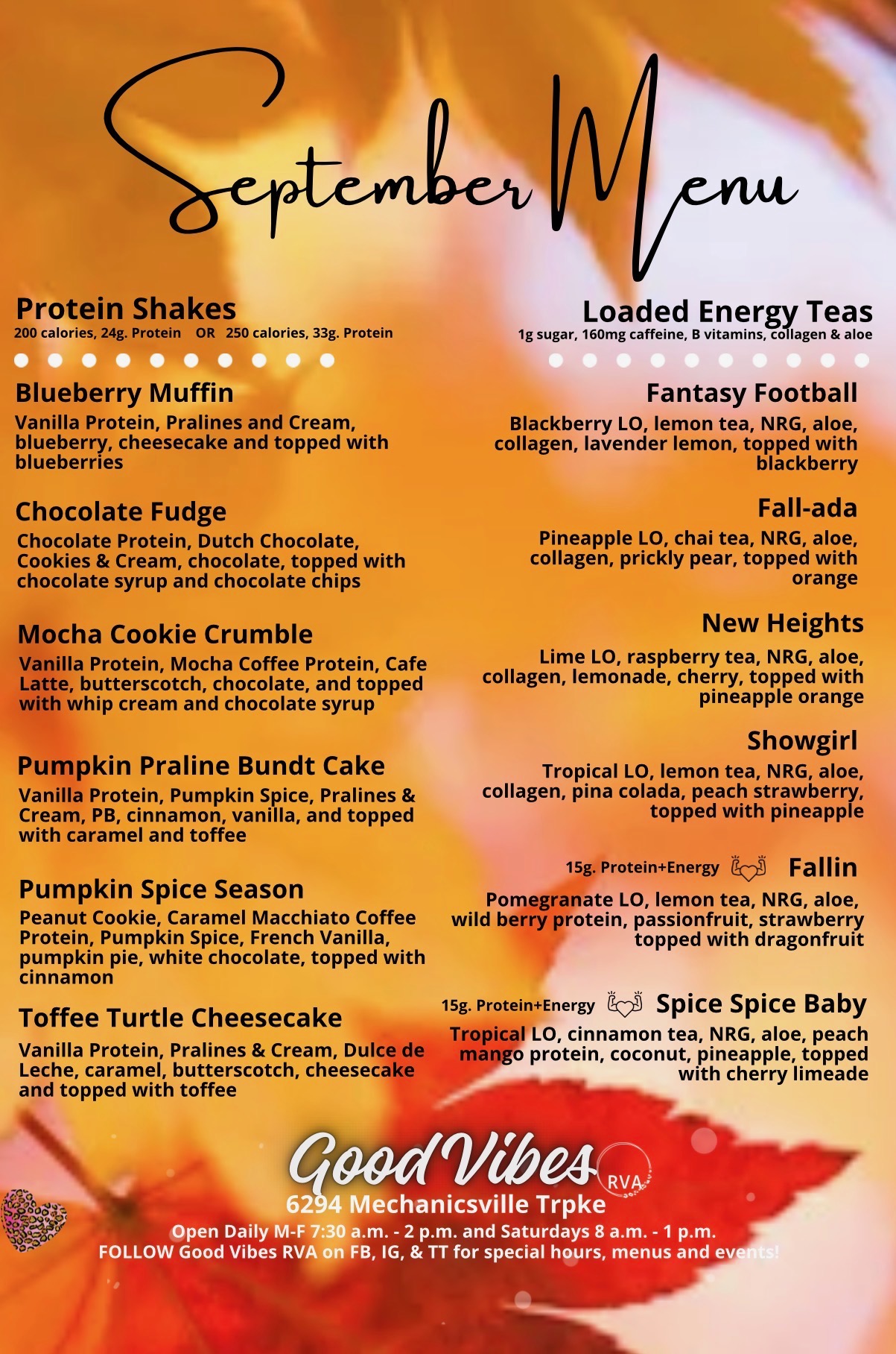 Good Vibes RVA September loaded tea menu — signature loaded teas, energy teas and protein shakes in Mechanicsville, VA